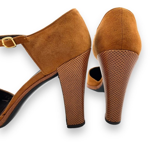1970's CHARLES JOURDAN Paris suede and snakeskin T-strap high heel shoes - Picture 11 of 15